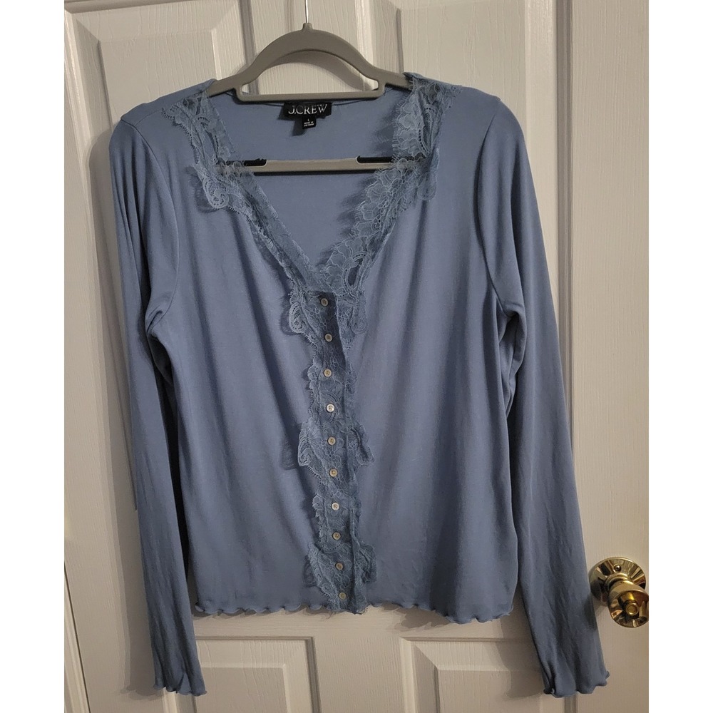 J.Crew Refined Rib‎ Cardigan Button Front Top Lace Trim Blue Size Large NEW